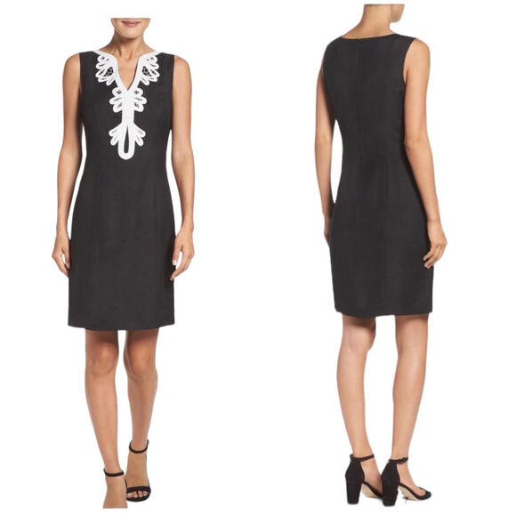 Embroidered Neck Sheath Linen Blend Navy/White Dress by Eliza J. in a size 10 - Picture 2 of 9